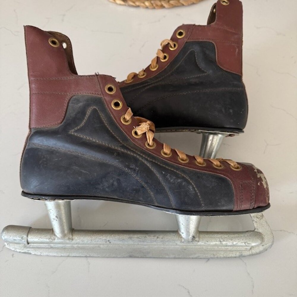 Vintage Brunswick Leather Ice Skates •1940s Two-Tone •Rustic Cabin Winter Decor